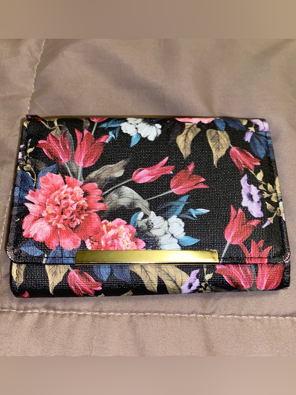 Floral Black Clutch Wallet with Gold Trim